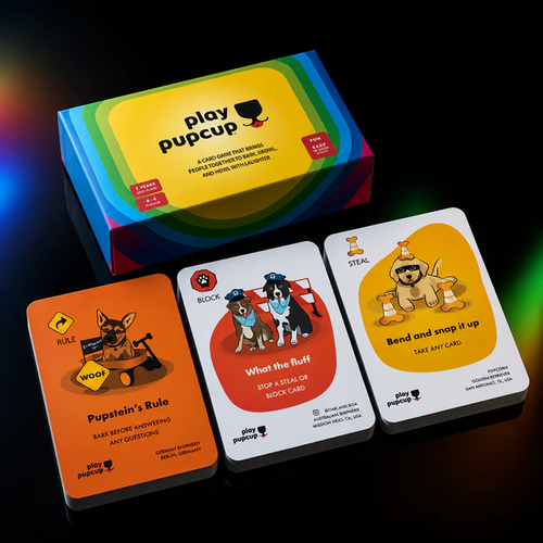 Play Pupcup card game packaging and cards on a dark background